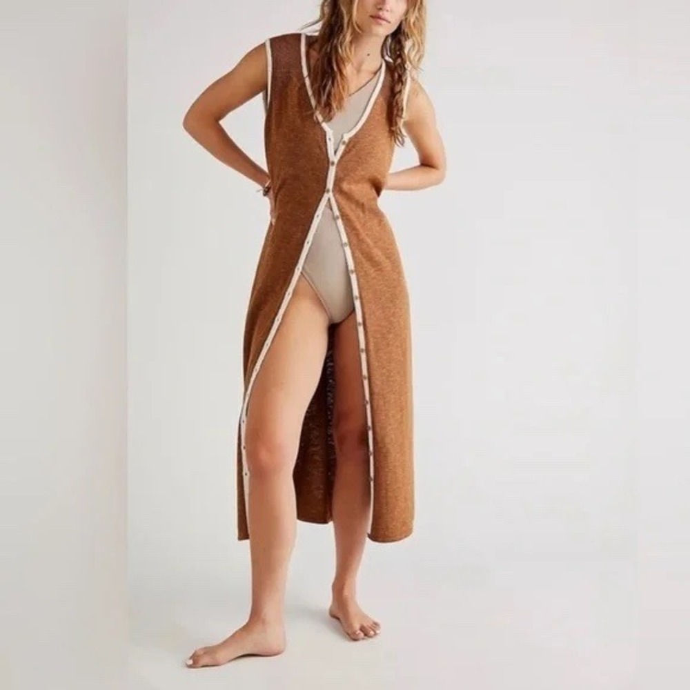 Free People Beach Brown Button Front Sleeveless Knit Midi Dress Small OB1532788